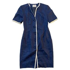 Ann Taylor‎ Nipon Boutique 100% Linen Dress Navy White Trim Sz 6 Vintage Korea